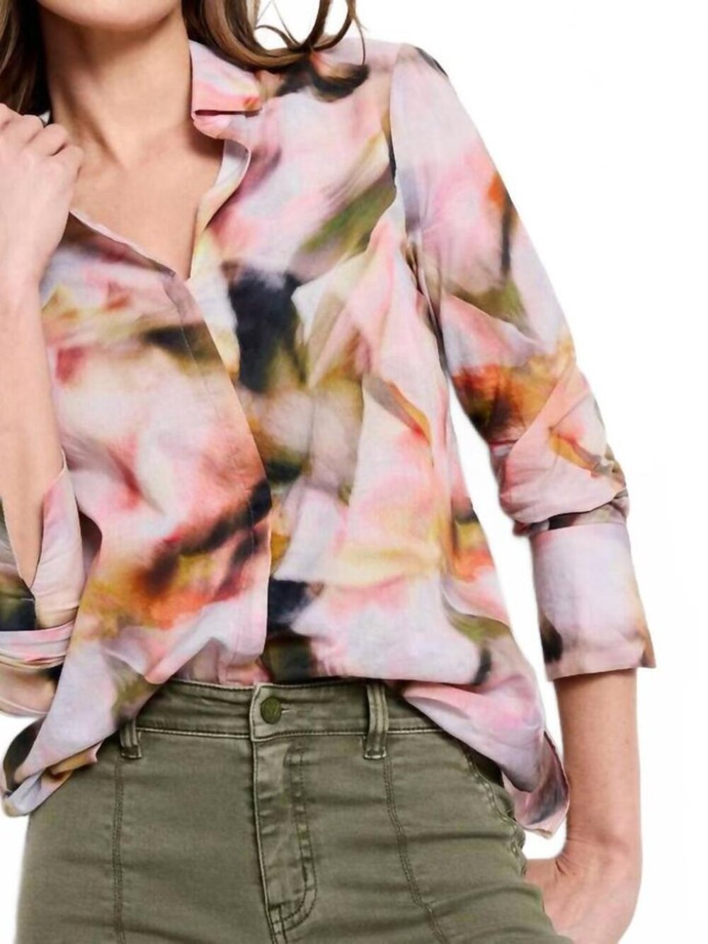 NWT NIC + ZOE women's shona smoky petals long sleeve shirt in pink multi XXL